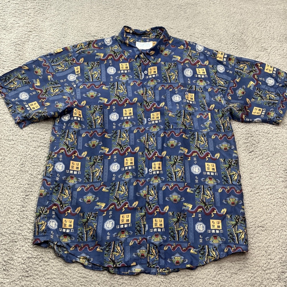 Whitby 100% Washed Silk Shirt‎ Mens XL Blue Vintage Dragon Allover Print